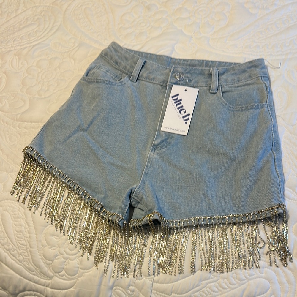 Blue Women's Denim Shorts with Rhinestone Fringe